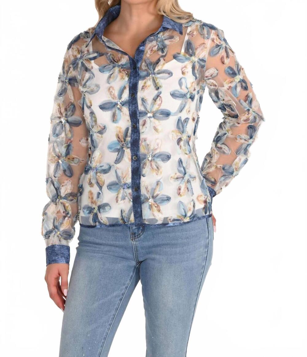 NEW FRANK LYMAN 3d flower sequin woven button up top in blue multi